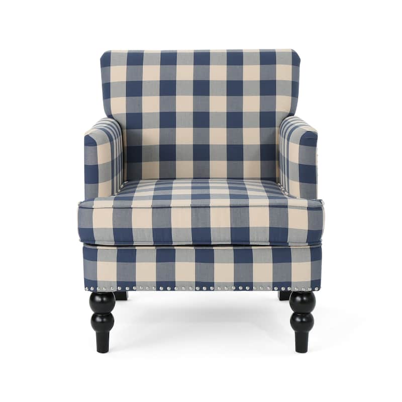 Lit Club Accent Chair with Turned Legs, Blue Black and Cream Fabric
