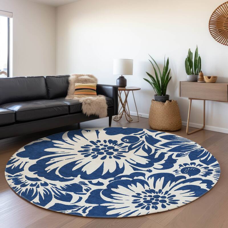 Premium Washable Super Soft Modern Floral Mayfield Rug - Navy - 8' x 8' - Round