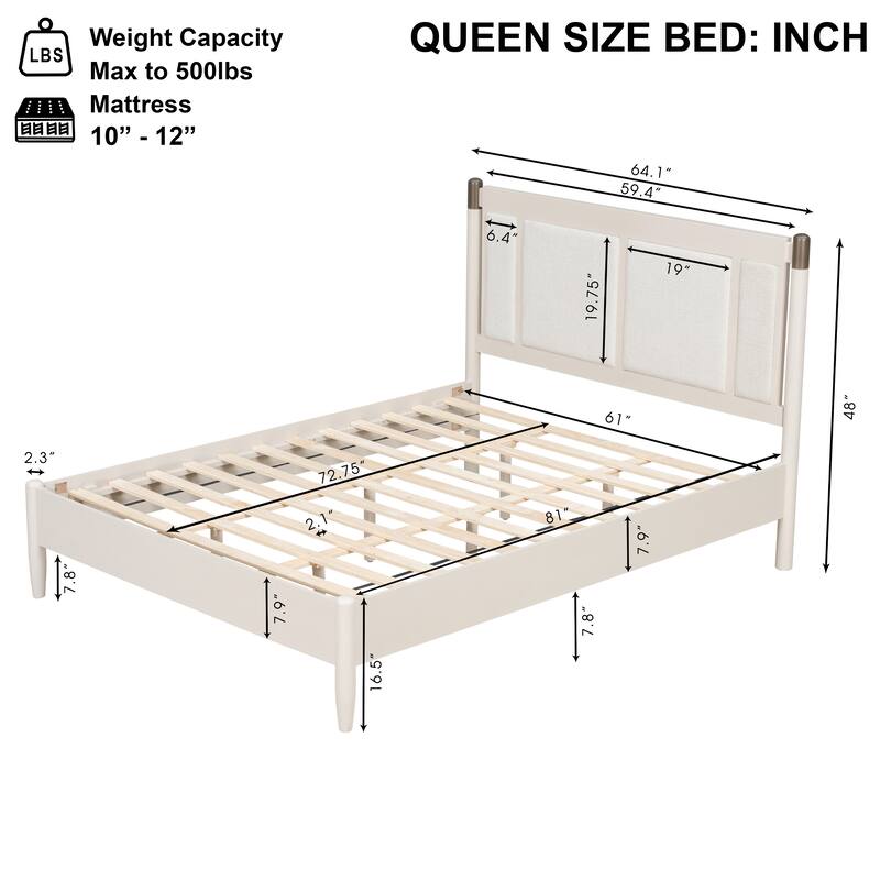 Roomfitters Queen Premium Wood Bed Frame, Heavy Duty 500lbs Support, Upholstered Headboard with Metal Accents