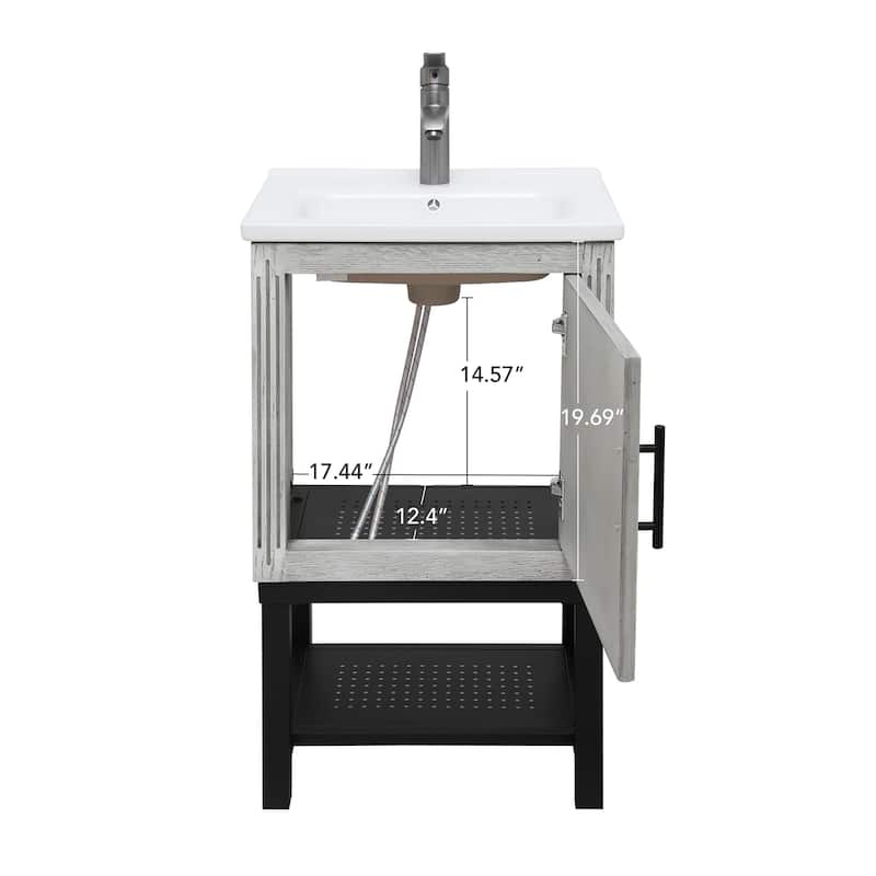 GDFStudio - CompactLine Modern Freestanding Bathroom Vanity with Ceramic Sink and Open Metal Shelf - 20 Inch