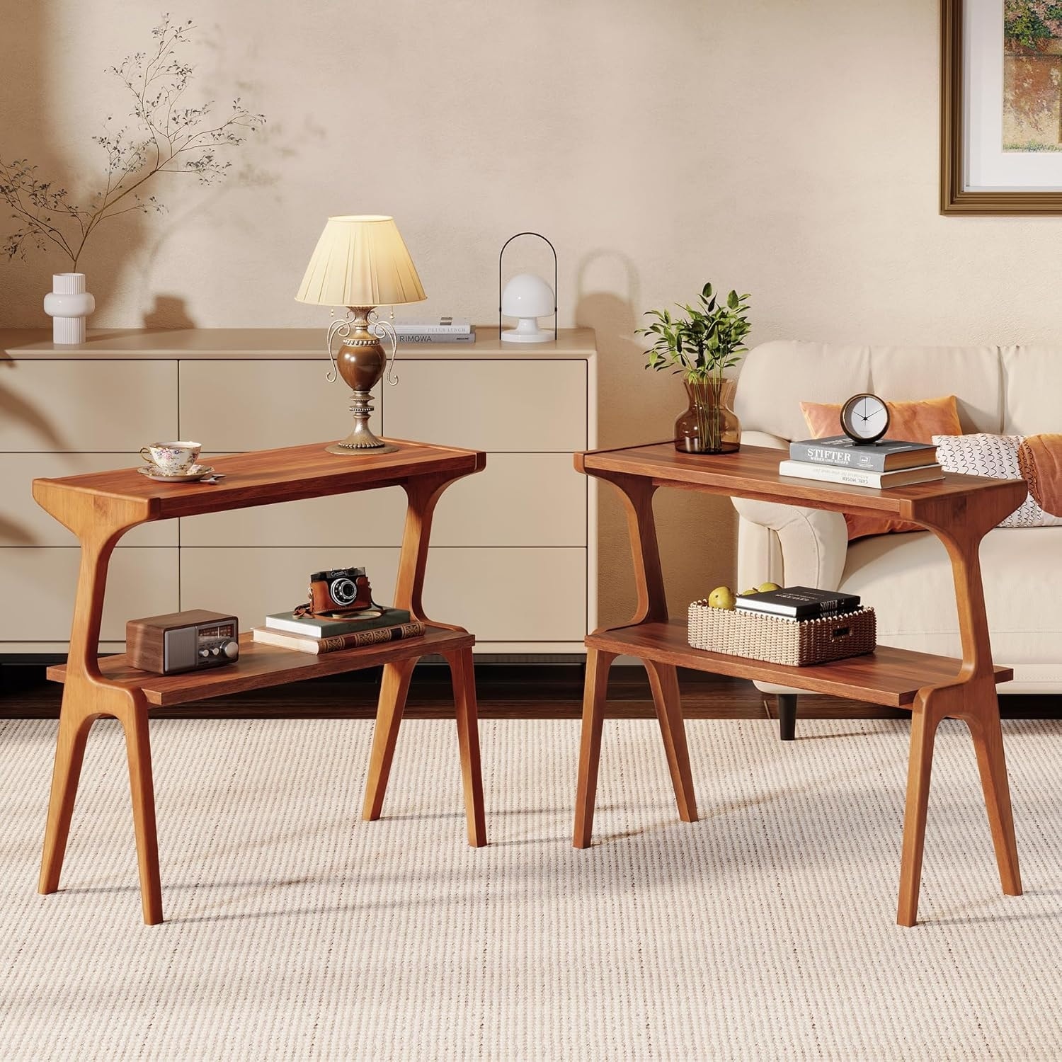 Solid Wood 2-Tier End Table with Storage - Slim Bedside Side Table for Living Room, Bedroom, Small Spaces, Easy Assembly