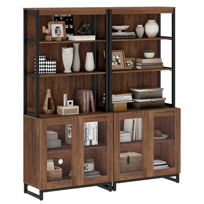 2 PCS Modern 72" Tall Bookcases with Glass Doors and Adjustable Shelves for Home Office, Living room.