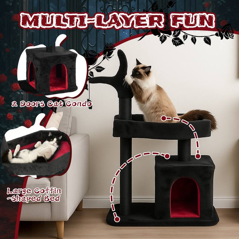 44" Gothic Cat Tree Tower with Condo, Coffin, Scratching Posts & Toys - 26.8 x 15.7 x 44.5 In