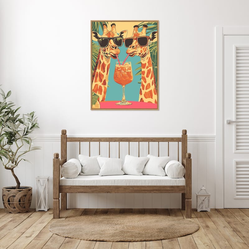 Giraffes Sharing a Drink by Andreas Magnusson Framed Canvas Wall Art