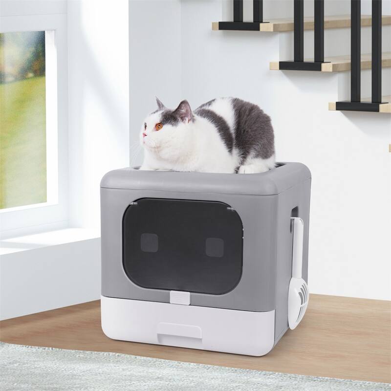 2Way Enclosed Cat Litter Box Top Entry with Scoop Fully Pull Out Drawer, Easy to Install&clean