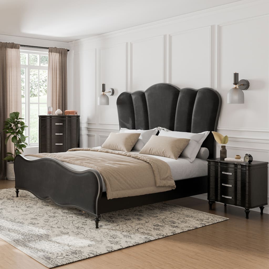 Furniture of America Seabliss Glam 3-Piece Black Solid Wood Panel Bedroom Set