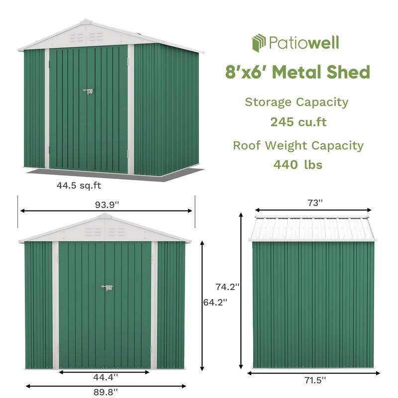 Patiowell Outdoor Garden Galvanized Steel Storage Shed with Lockable