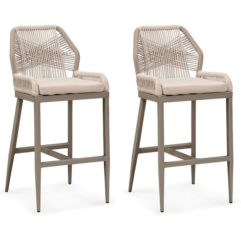 PURPLE LEAF 2 Set of Modern Bar Stool with Backrest and Arm,Upholstered Chair and Aluminum Legs - Light Grey - Bar Height