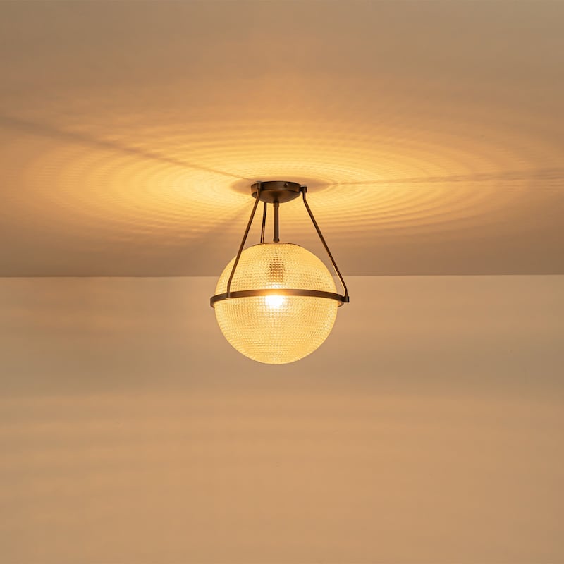 1-Light 14.17" Black/Gold Modern Textured Grid Glass Globe Semi-Flush Mount Light