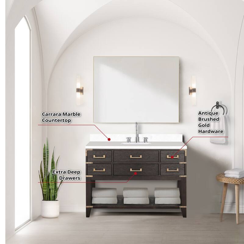 Norwalk 48 in W x 22 in D Black Oak Single Bath Vanity, White Quartz Top, and 46 in Mirror