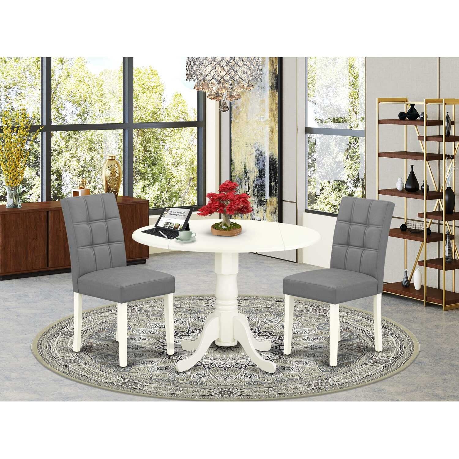 Round Dining Table Set with 2 Chairs - Modern Kitchen Table & Chair Set - Linen White - Linen White, Platinum Gray