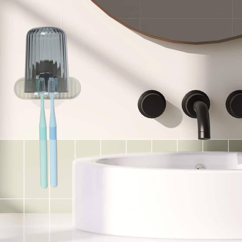 1 Set Wall Mounted Toothbrush Holder, Hanging Toothbrush Holder with Cup, Beige, 4.33"x2.56" - Beige