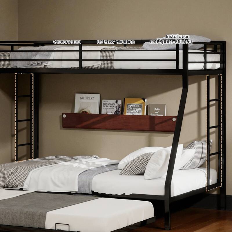 Full Size Metal Bunk Bed with Ladder and Rolling Trundle, Square Tube Frame, Heavy-Duty Triple-Sleeper for Home or Dorm