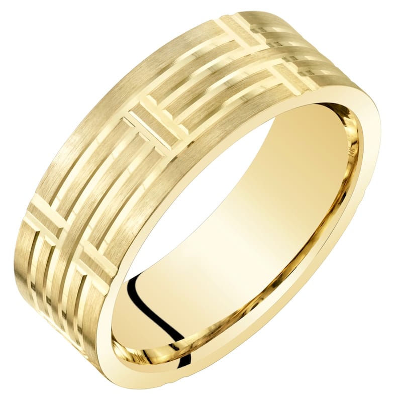 Mens 14k Yellow Gold Wedding Ring Band 7mm Geometric Style Comfort Fit