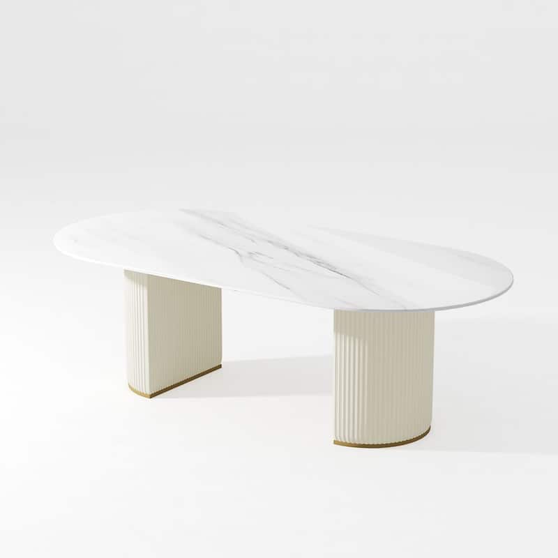 Modern Minimalist White Oval Dining Table with Glossy Sintered Stone Tabletop, Roman Column Frame Table Legs