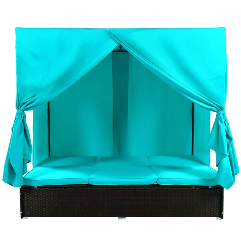 Outdoor Rattan Canopy Daybed Sunbed with Curtain & Adjustable Seat