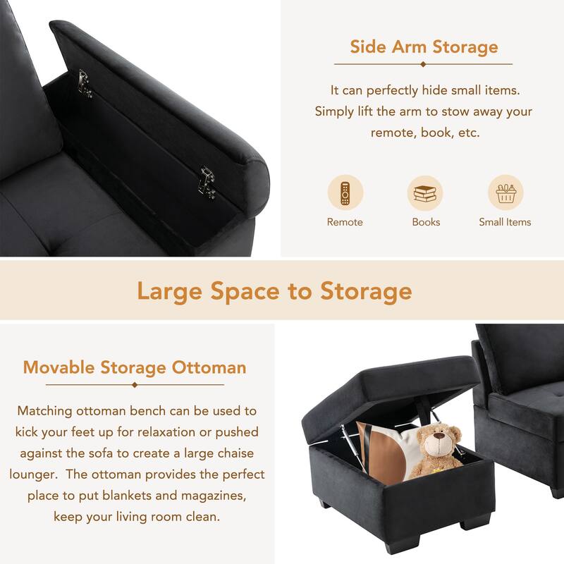 84.75" Velvet Sectional Sofa with Storage Ottoman, USB Charging and Hidden Arm Storage and L-Shaped 4-Seater