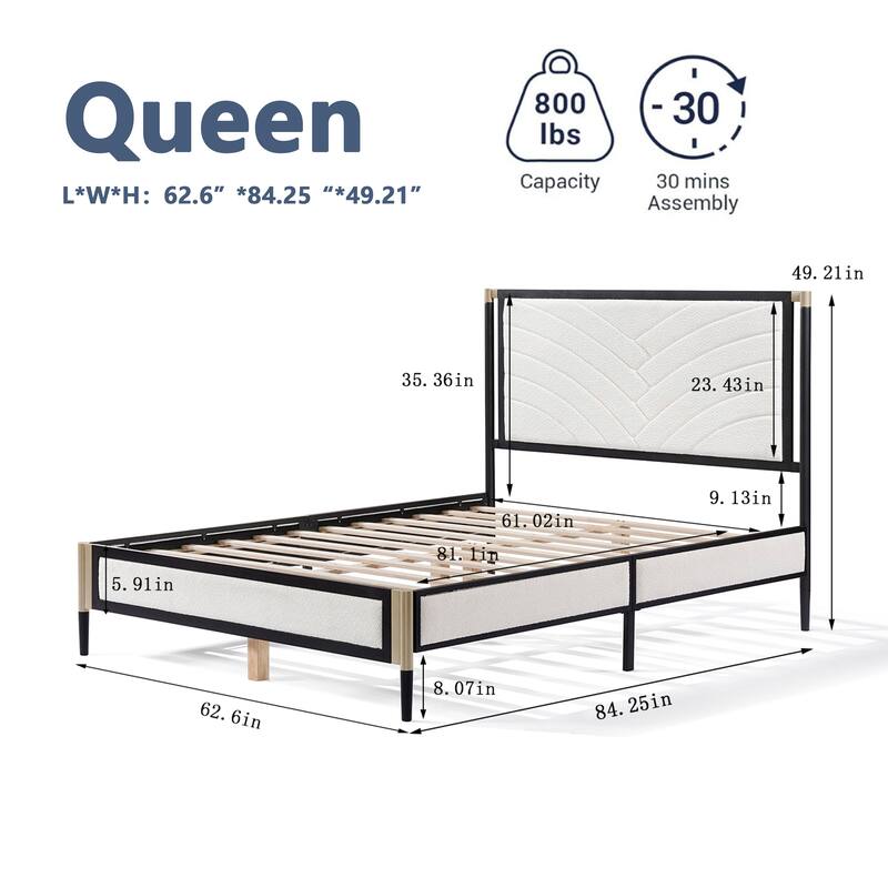 Boucle Upholstered Platform Bed, Metal Bed Frame, Wooden Slats Support