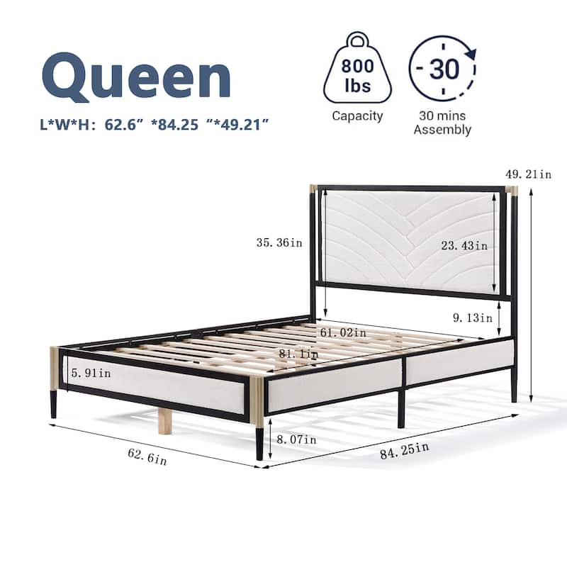 Queen Size Metal Platform Bed with White Boucle Fabric Headboard and 800lbs Weight Capacity