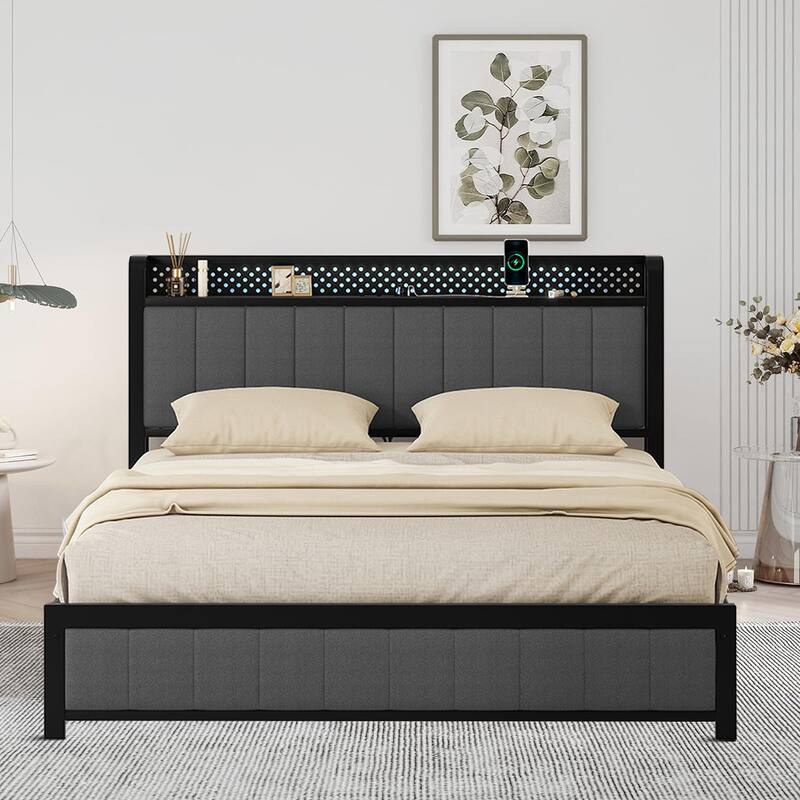 Contemporary Multifunctional Queen Size Linen Fabric Upholstered Platform Bed