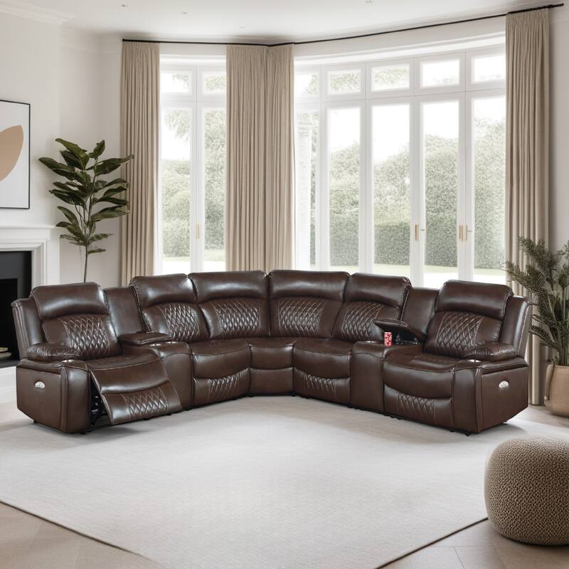 Ina Power Sectional Recliner L Shape Sofa, Console, Brown Faux Leather