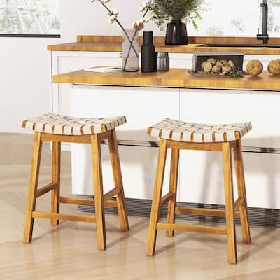 25.5" /31'' Woven Bar Stools Set of 2Faux PU Leather Saddle Stools