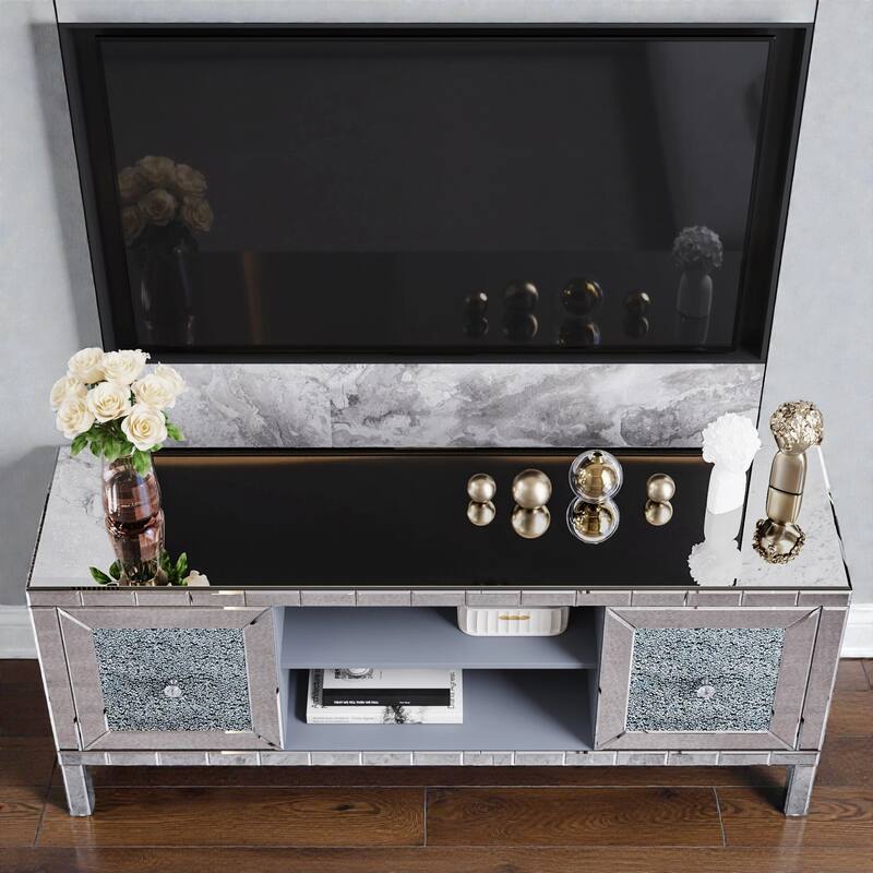 59 Inch Mirrored TV Stand with Crushed Diamond Glass Doors, Modern Entertainment Center for 65 Inch TV