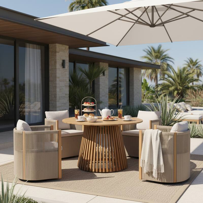 Christopher Knight Home - Roslyn 5-Piece Outdoor Acacia Wood Swivel Dining Set with Rope Woven Wicker Chairs & Round Slat Table