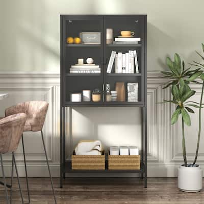 Storage Cabinet with Glass Doors and Adjustable Shelves