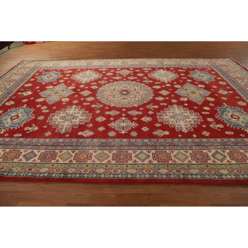 Hand Knotted Oriental 100% Wool Carpet Traditional Geometric Red Kazak Area Rug - 13' 11'' X 9' 6''