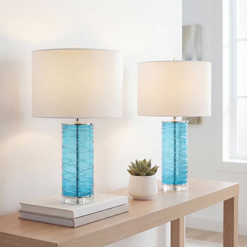 Coco 27.5" Modern Fused Glass Cylinder LED Table Lamp, Turquoise (Set of 2) by JONATHAN Y - Turquoise