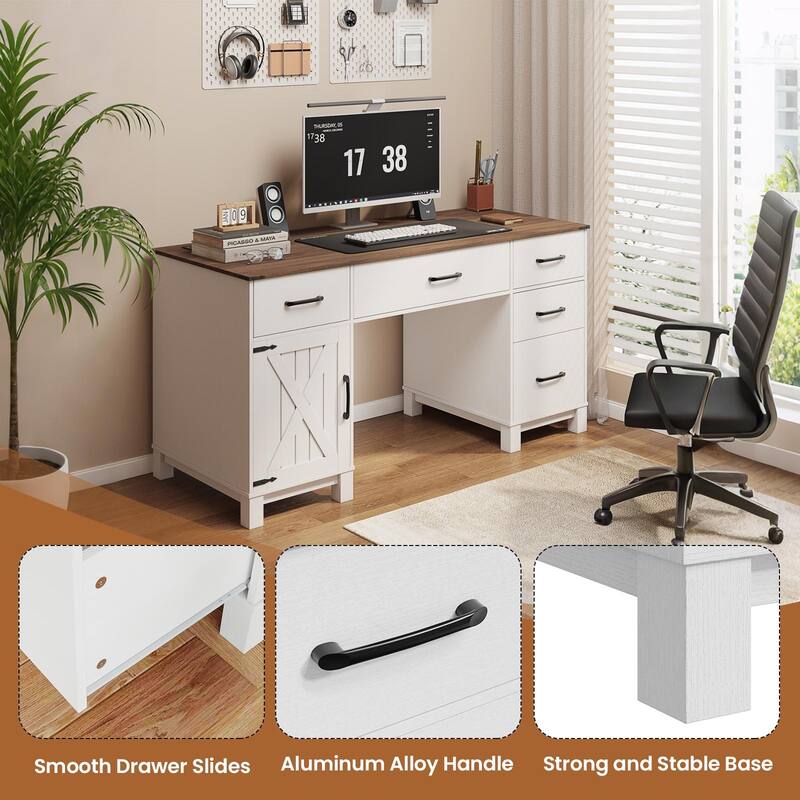 AVAWING 58" Farmhouse Desk with Drawers, Charging Station & Storage Cabinet - Solid Wood Home Office Desk