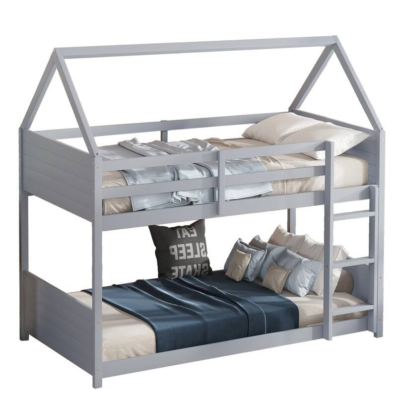 Twin Over Twin House Floor Bunk Bed with Headboards, Footboards and Guardrails, Ladder