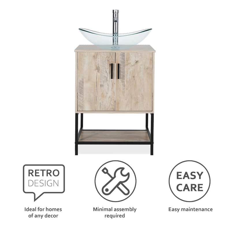 24" Bathroom Vanity Sink Combo Oak Cabinet Vanity Tempered Glass/Ceramic Sink