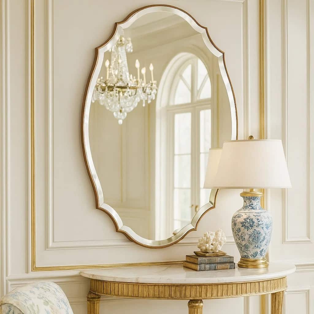 28 x 42 Modern Round Accent Mirror with Curved Edges, Bronze, Gold Finish