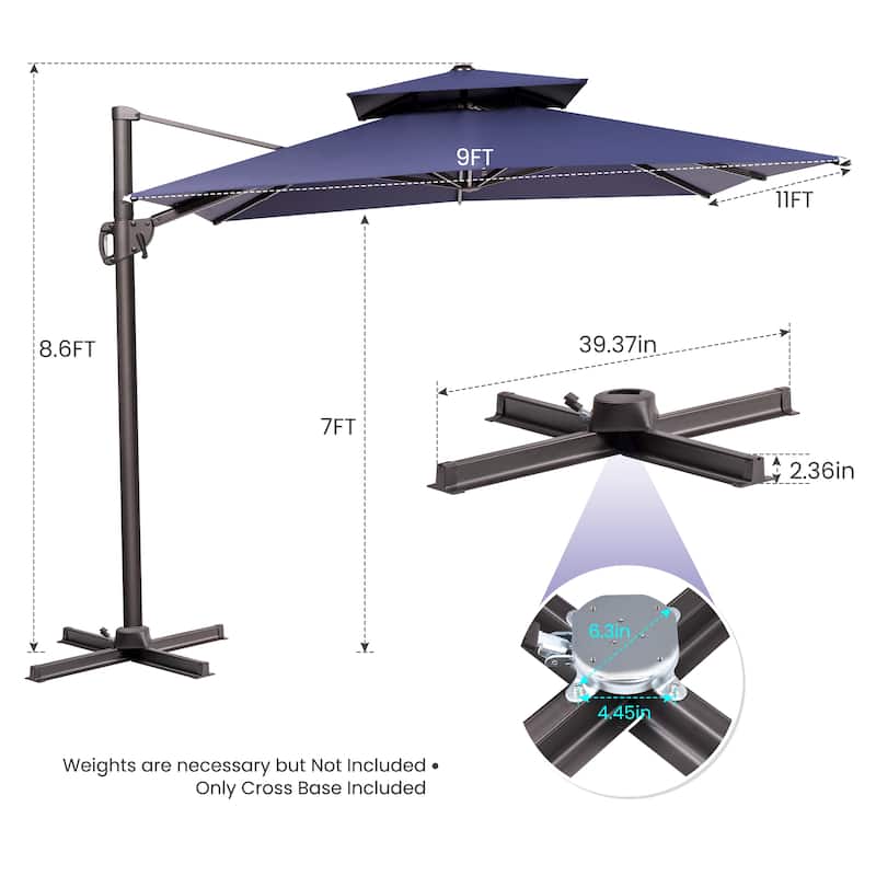 11 x 9 ft Outdoor Rectangular Patio Offset Cantilever Umbrella with 360-degree Rotation and 6 Shade Angles