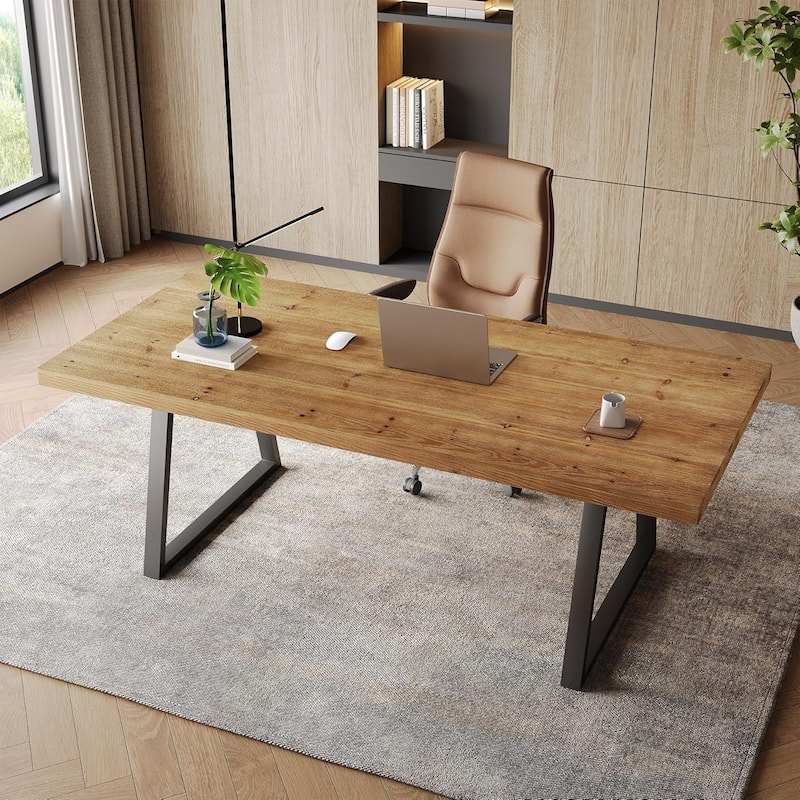 63" Industrial Solid Wood Executive Desk, Computer Laptop Desk with Strong Metal Legs, Study Writing Table Business Workstation