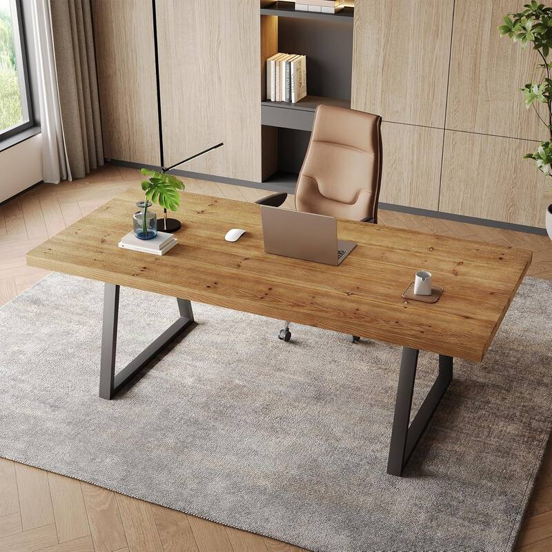 63" Solid Wood Industrial Executive Desk with Strong Metal Legs, Computer Desk, Study Writing Table Business Workstation