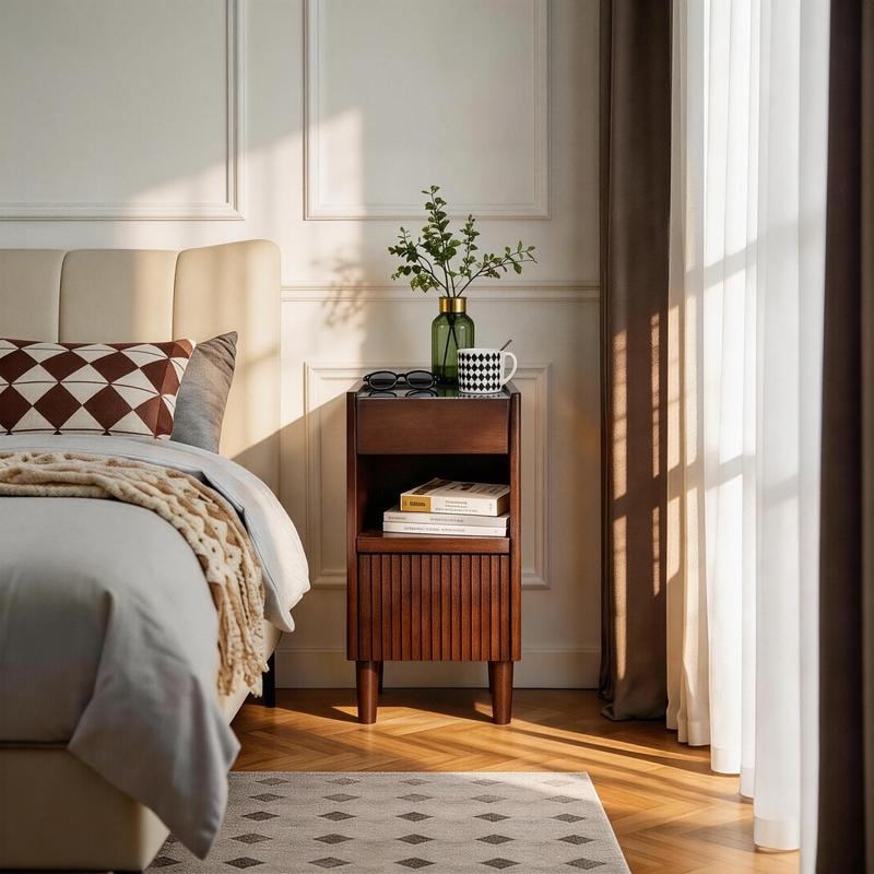 Wooden Bedside Table with 1 Drawer and Open Shelves for Bedroom and Living Room