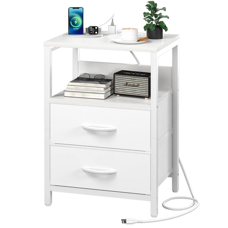 Nightstand with Charging Station, Small Night Stand with Fabric Drawers,Small Spaces Bedside Table with USB Ports & Outlets - White