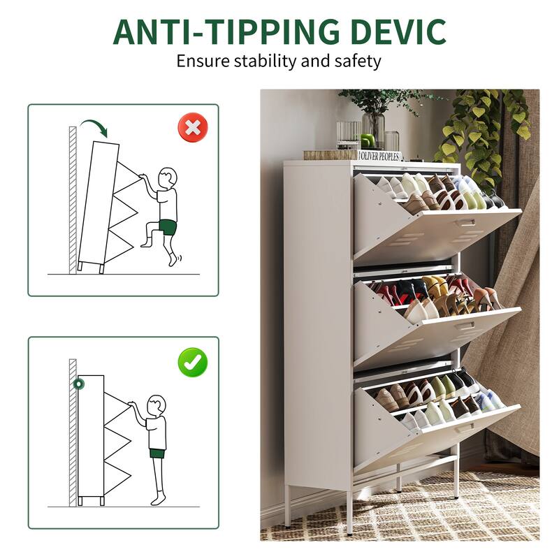 Freestanding Shoe Storage Cabinet with 3 Flip Drawers and Metal Frame