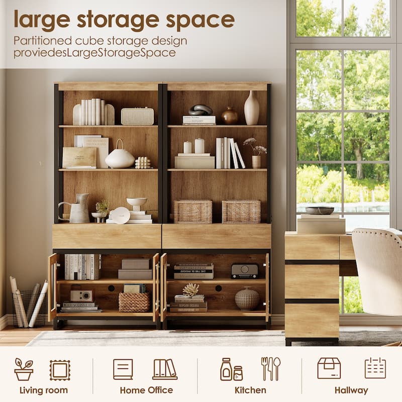 2 PCS Modern 72" Tall Bookcase with 2 Drawers and Open Book Shelfs for Home Office, Living room.