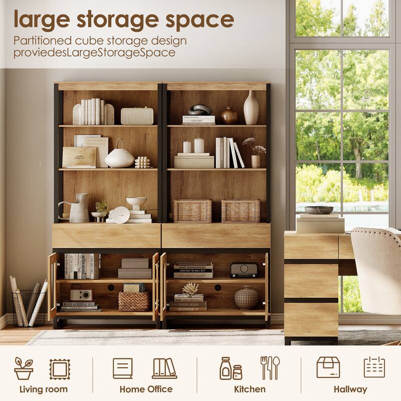 2 PCS Modern 72" Tall Buffet Cabinet with 2 Drawers and Open Shelves, Storage Cabinet for Dining Room or Kitchen