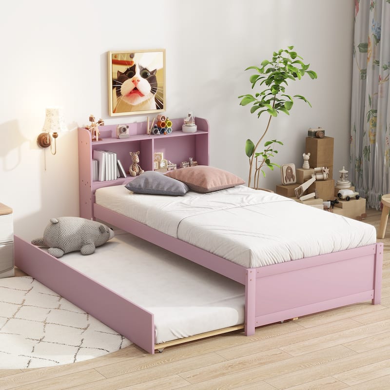 Space-Saving Twin Bed with Trundle and Bookcase in Pink - Pink
