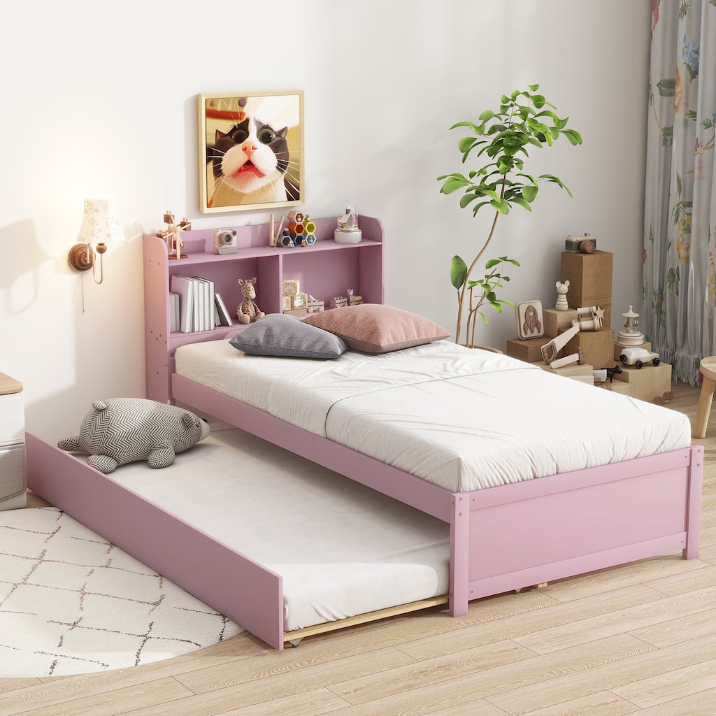 Space-Saving Twin Bed with Trundle and Bookcase in Pink