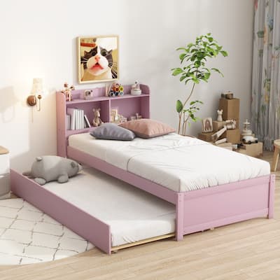 Wood Platform Bed with Storage Headboard and Trundle