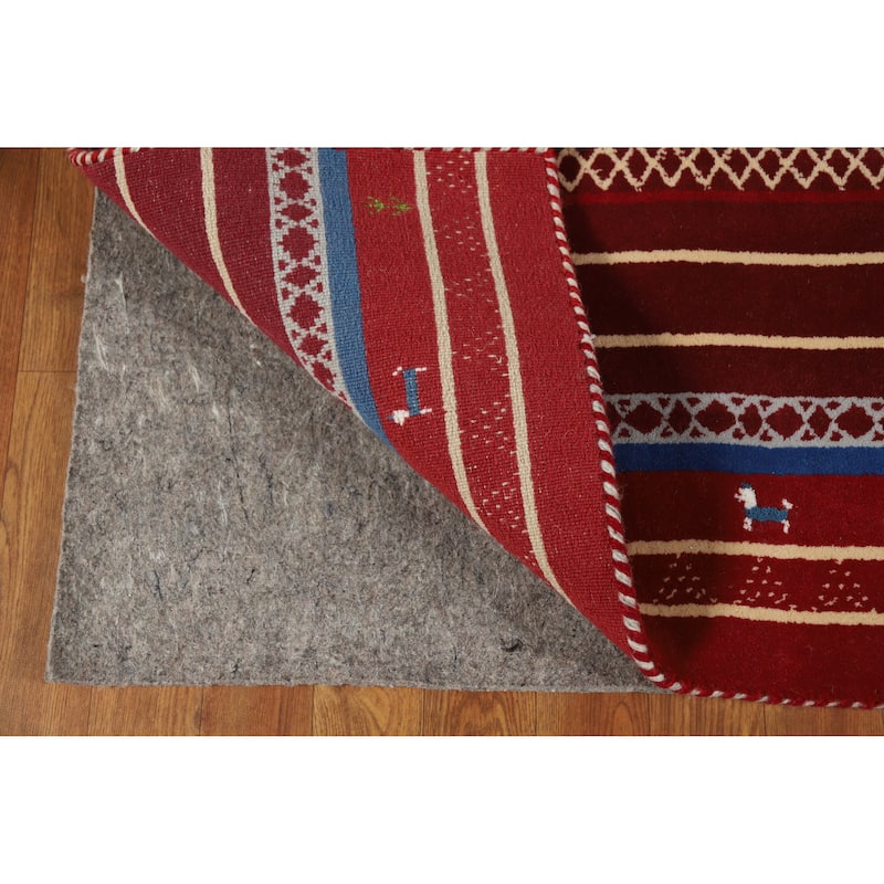 Striped Red Gabbeh Indian Runner Rug Hand-Knotted Wool Carpet - 2'7" x 7'8"