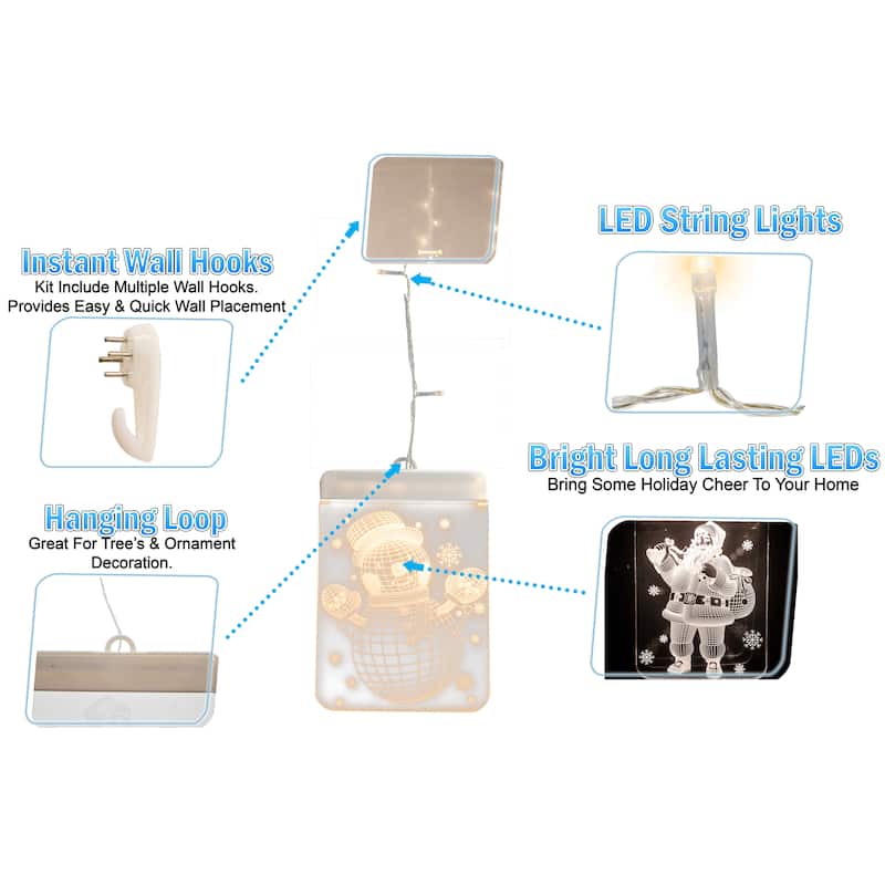 Christmas Window Lights - 3D Acrylic LED Hanging Decoration Curtain Light Santa, Snowflake, Snowman, Tree & Jingle Bells USB