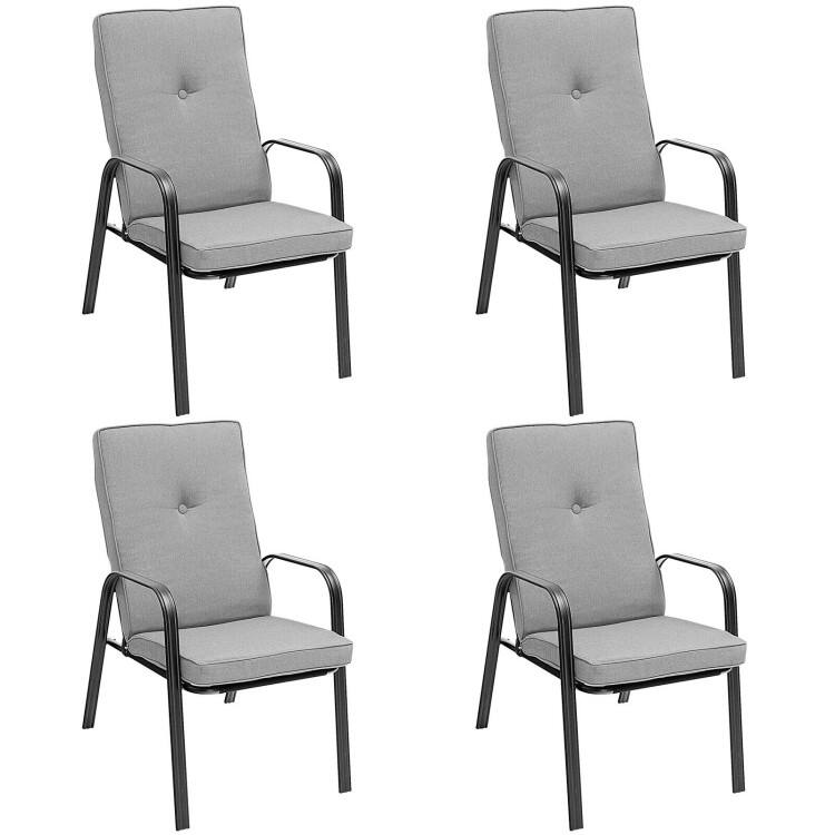 4 Patio Dining Stackable Chairs Set with High-Back Cushions - 29" x 22" x 35.5" (L x W x H) - Grey-Black