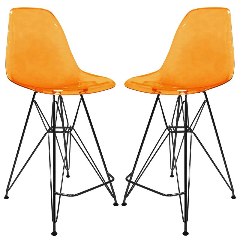 Cresco Acrylic Barstool in Brushed Black Steel Base with Ergonomic Seat, Footrest, & Floor Pads for Kitchen or Home Bar Set of 2 - Transparent Orange